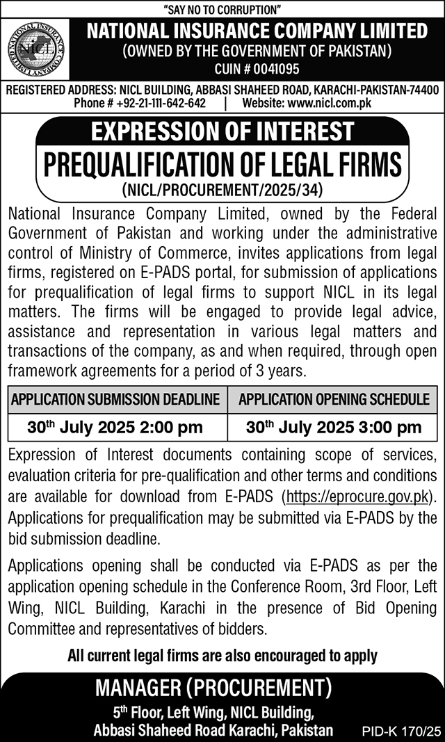 National Insurance Company Limited Karachi Tender Notice